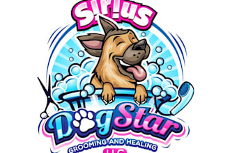 draw pet groomer logo design, pet store branding, cartoon dog portrait