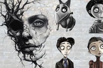 illustrate your portrait or character in a tim burton inspired gothic style