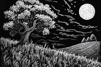 illustrate animal and botanical linocut doodle illustration