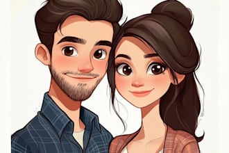 draw couple portrait in disney cartoon illustration for gift