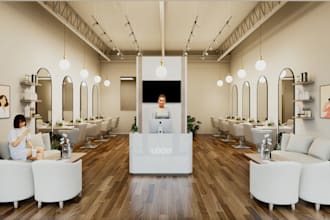 design modern beauty and hair salon interior with 3d rendering and floor plan