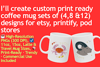 create custom print ready coffee mug set designs for etsy, printify, pod stores