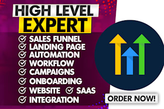 setup go highlevel workflows, automations, sales funnel, website, chatbot