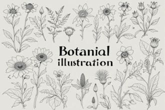 hand draw botanical illustration line art of plants, flowers