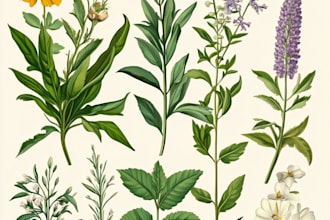 draw botanical illustrations of flowers, plants, line art