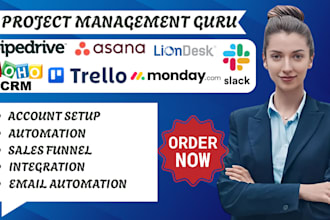 setup monday crm, clickup asana trello, slack pipedrive project management