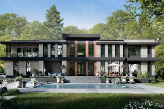 rebuild 3d farm villa house, balcony, pavement, pool,park cgi exterior rendering