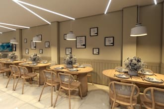 renew 3d restaurant visualization, interior render, coffee shop, cafe, landscape