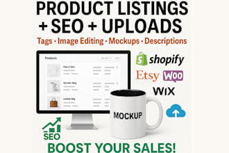 add products listings seo tag image editing design mockup description writing