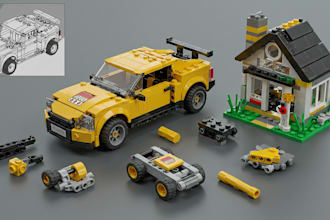 design 3d lego set creation, lego technic car, house, moc, manual instruction