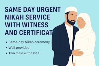 same day urgent nikah service with witness and certificate, wali,