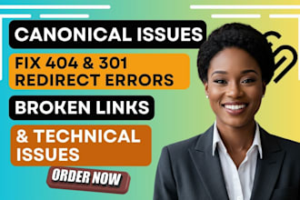 fix broken links, 301 redirects, 404 errors, indexing and canonical issues
