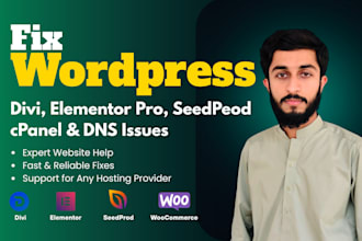 fix wordpress, divi, elementor pro, cpanel and dns issues, expert website help