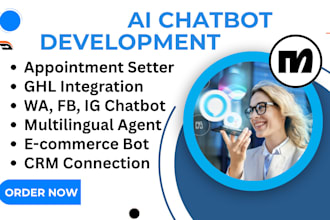 ai chatbot setup on fb, ig, wa API and integration for CRM, email, slack booking