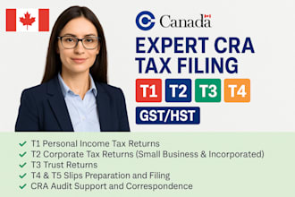 prepare your canadian personal, business tax returns t1 t2 t3 t4, cra, gst, hst
