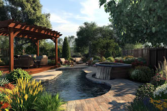 do 2d renderings for landscape design, pool, garden, patio, backyard