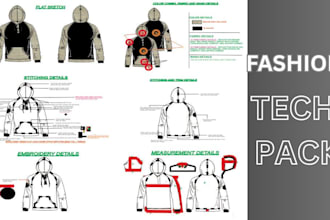 create fashion tech pack,clothing tech pack design flat sketch ready for factory