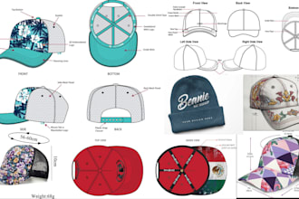design tech pack of hats and caps, beanie, flat sketch, cap, t shirt mockup