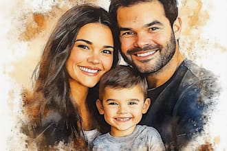 merge photos to watercolor family portrait illustration