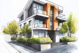 architectural digital marker or watercolor sketches