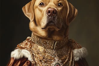 draw a historical royal pet portrait of a dog, cat, or other pets