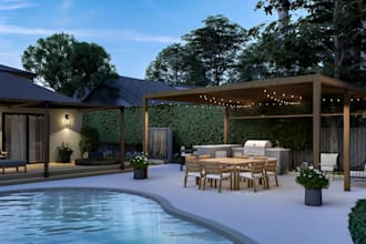backyard landscape design, outdoor garden, pergola, pool, 3d patio rendering