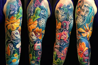 create a full sleeve realistic tattoo design from your idea