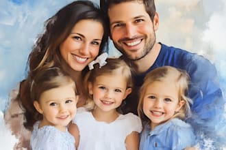 paint a family portrait into a digital watercolor painting with oil painting