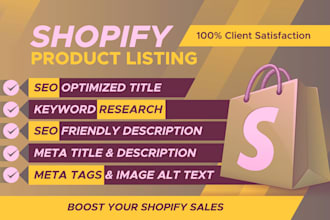 do shopify product upload seo tag listing description writing sketch image edit