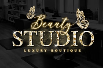 design a gold glitter makeup, hair, nails, lash sparkle logo