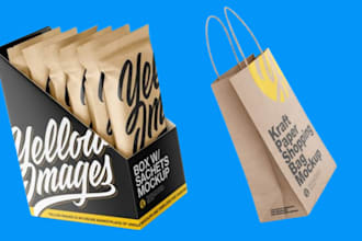 design mylar bag, pouch packaging, product box, hang tag and kraft box 3d mockup