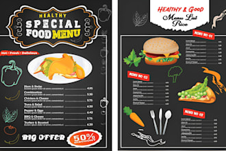 do restaurant menu design, food menu design, digital menu design or price list