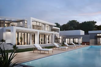 3d house model, 3d floor plan, landscape design, cgi render, lux villa facade