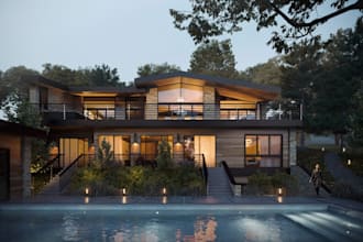 remodel luxury villa exterior design,car park,swimming pool render,3dwalkthrough