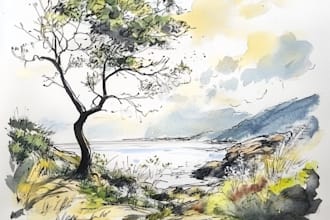hand draw landscape sketch watercolor and ink