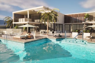 do 3d beach house design, beach hotel, garden pool,