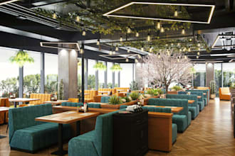 do restaurant interior design, bar, kiosks, café, retail store 8k rendering