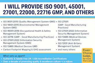provide iso 9001 45001 27001 22000 22716 gmp and others