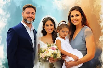 draw wedding, family portrait in digital oil painting style