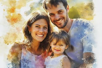 paint a family portrait into a digital watercolor painting with oil painting