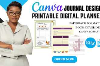 design canva custom journal, digital planners, printables, workbook, etsy, kdp