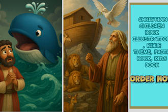 design christian children book illustration, bible theme, faith book, kids book