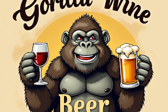 design high quality gorilla wine with beer hand drawing logo for your business