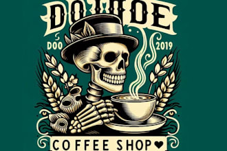 do vintage skeleton coffee shop logo with illustration design