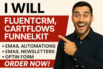 cartflows,  fluentcrm, optin form, funnelkit email automations email newsletters
