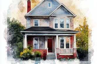 paint custom digital watercolor house, building portra