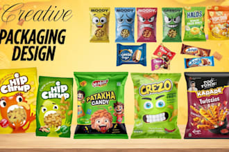design snack packaging, chip bag, pouches and candy wrappers