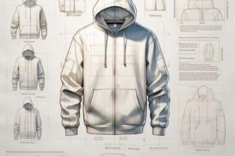 create clothing tech pack, garment design, technical drawing and flat sketches