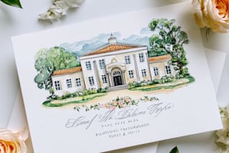 hand draw custom save the date watercolor wedding invite with venue illustration