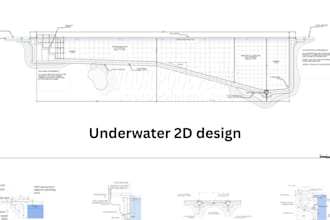 underwater hotel design, 2d blueprints, 3d renders autocad and , revit